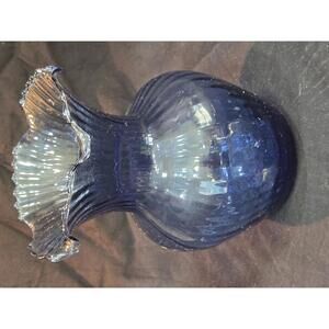 Vintage Indiana Glass Cobalt Blue Glass With Swirl Design & Scalloped Top Vase